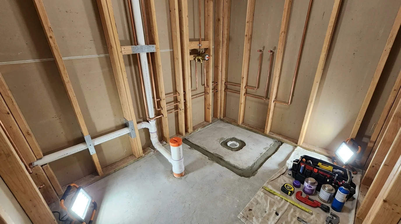 Bathroom rough-in plumbing during remodel by Johns Plumbing LLC in Milliken