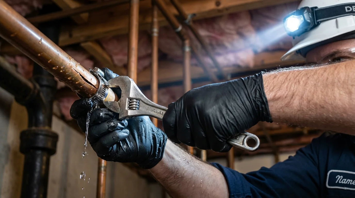 Emergency pipe clamp repair being performed by a Johns Plumbing LLC plumber in Milliken