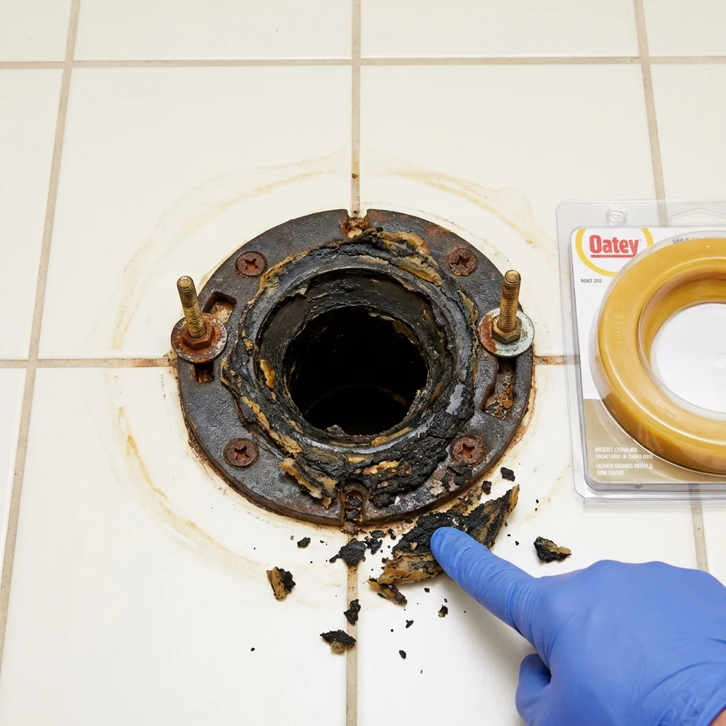 Failed wax ring showing water seepage at the base of a toilet in a Milliken, CO home