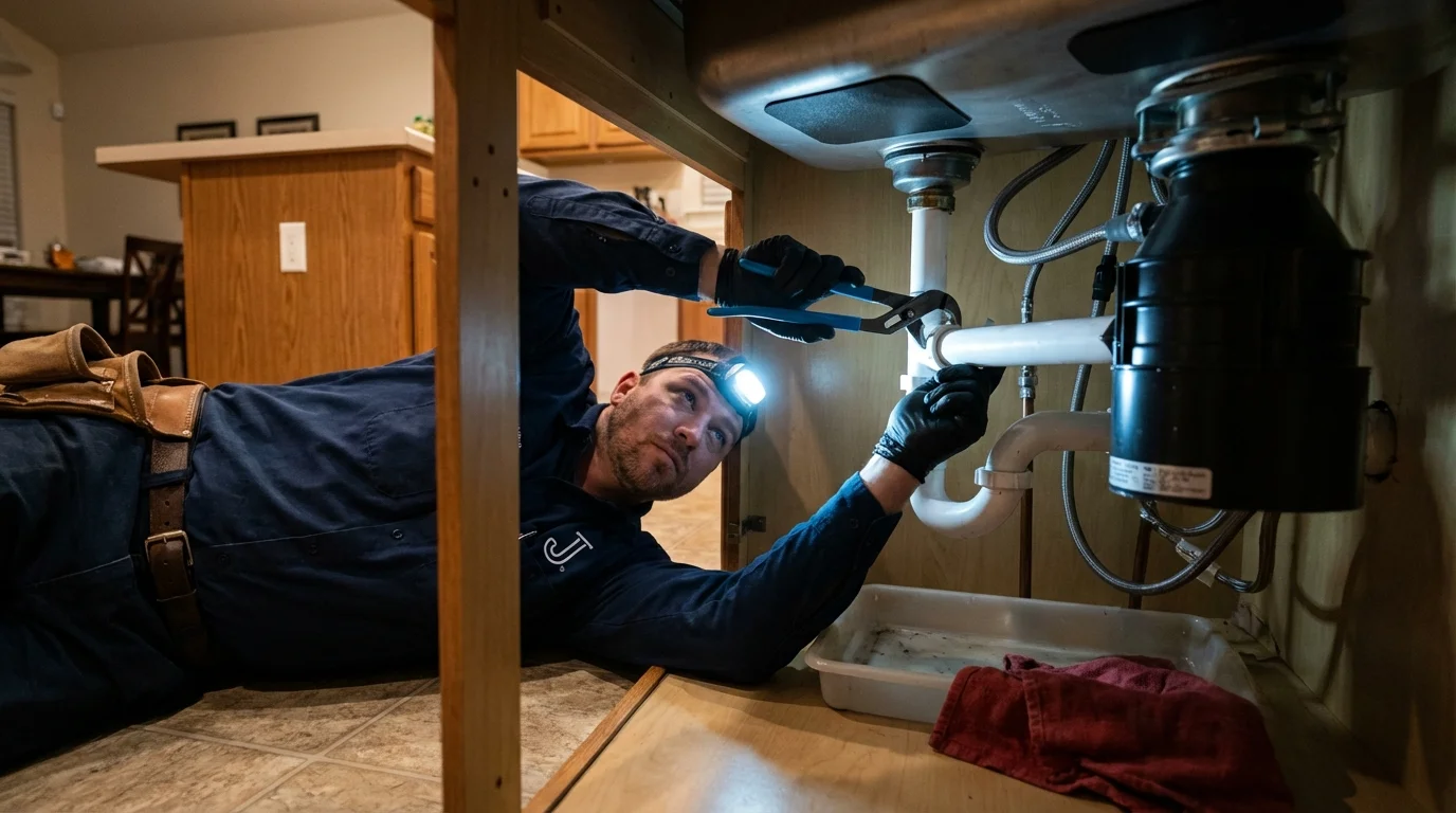 P-trap and supply line connections under a kitchen sink showing a common leak point in Milliken, CO